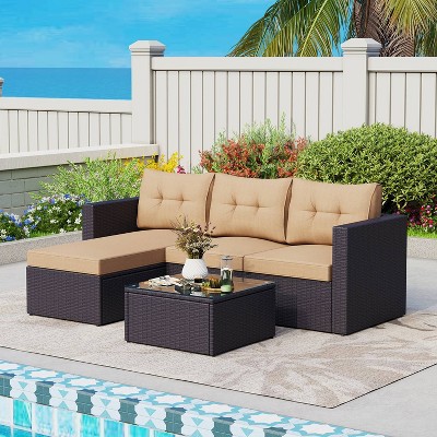 3pc Steel & Wicker Outdoor Conversation Set with Square Coffee Table & Cushions - Captiva Designs