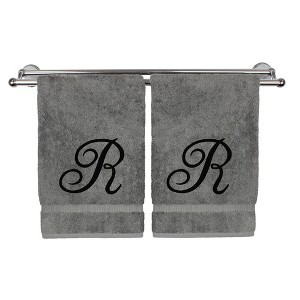 BC BARE COTTON Monogrammed Hand Towel, 100% Turkish Cotton - Set of 2 - Gray - Black Script - 1 of 4