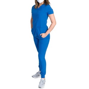 Medgear Fleur Women's Stretch Scrub Set with Zip Chest Pocket Top and Knit Rib Cuffs Jogger Pants, More Colors - 1 of 4