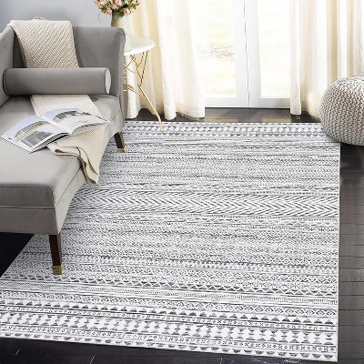 Boho Area Rug, Neutral Black Low Pile Washable Carpet, Non-Slip Non-Shedding Indoor Rug for Living Room, Bedroom, Kitchen, Bathroom