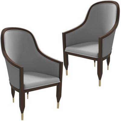 LeisureMod Upholstered Dining Chair in Leather with Gold Metal Caps and Rubberwood Frame Belle Series Set of 2