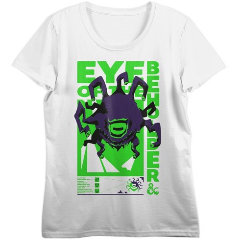 Dungeons & Dragons Eye Of The Beholder Neon Green Art Crew Neck Short  Sleeve White Women’s T-shirt, -Large