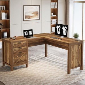Tribesigns L Shaped Desk with 3 Drawers, 59" Corner Executive Desk Computer Table, Farmhouse Home Office Workstation with File Cabinet - 1 of 4