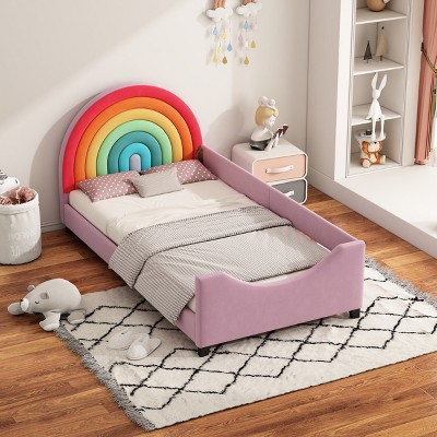 79.50"Rainbow Upholstered Twin Daybed Low to The Ground Design Cute Style Princess Bed for Boys & Girls, Teens, Colorful & Pink