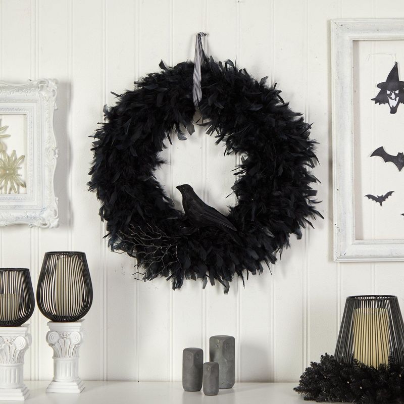 Nearly Natural 30" Halloween Raven Feather Wreath, 4 of 5