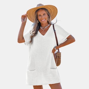 cupshe casual dresses Women's Mini V Neck Flutter Sleeve Self Tie Back Cotton A Line Short Summer Dress Beige, L at Amazon Women's Clothing store neckline and a maxi silhouette for an easy Women's Dresses | Beach Fashion