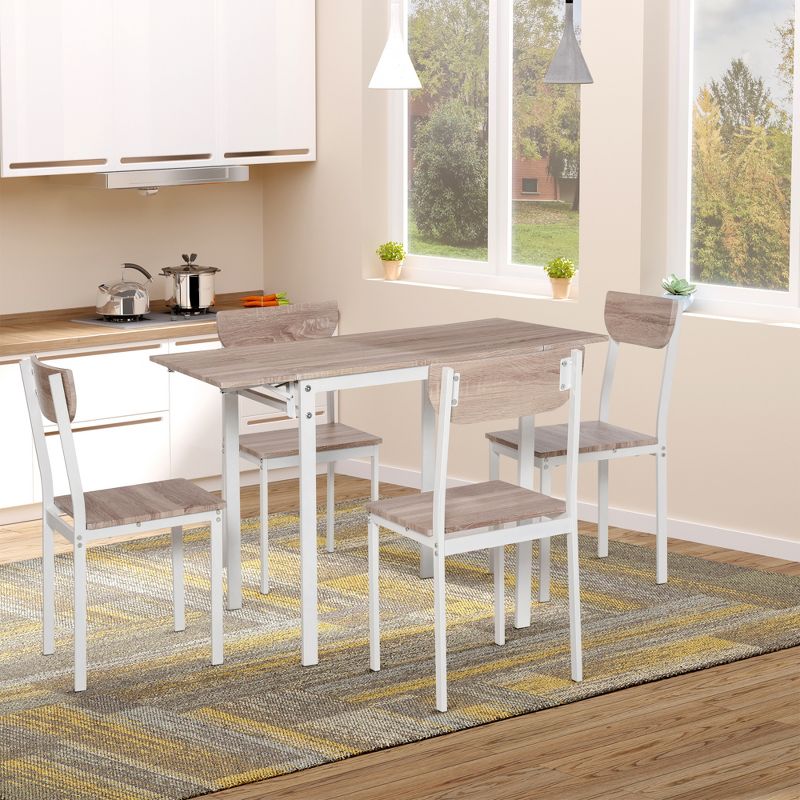 HOMCOM Modern 5-Piece Dining Table Set for 4 with Foldable Drop Leaf, 4 Chairs, and Metal Frame for Small Spaces, White, 3 of 8