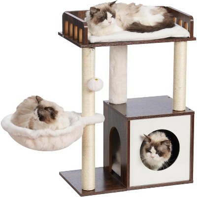 Heybly Modern Cat Tree, Wooden Cat Tower with 3 Scratching Posts