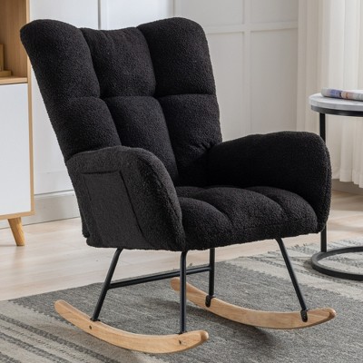 Aukfa Soft Teddy Fabric Rocking Chair w/Pocket - Ergonomic Nursery Glider, Solid Wood Base, 251LB Capacity for Living Room & Bedroom
