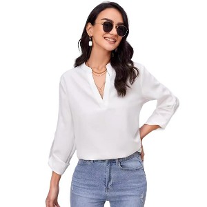 Coolmee Womens Blouses Dressy Casual Business Tops Roll Up 3/4 Sleeve V Neck Work Office Shirts - 1 of 4