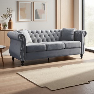 80" Velvet Chesterfield 3-Seater Sofa with Rolled Arms & Nailhead Trim - 1 of 4