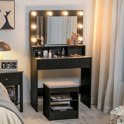 Costway Vanity Table Set Lighted Mirror Storage Drawer Shelf Cushion Stool  : Target