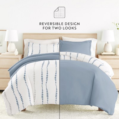 Blue and White Reversible Microfiber King Duvet Cover Set