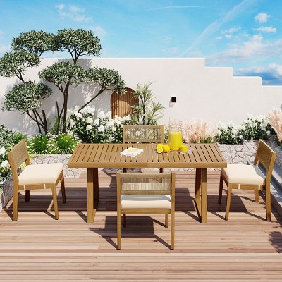 5-Piece Outdoor Dining Set,  Dining Chairs, Rope Woven Dining Chair with HDPE Backrest, Acacia Wood Frame and Foam Cushions–Cuddlewood