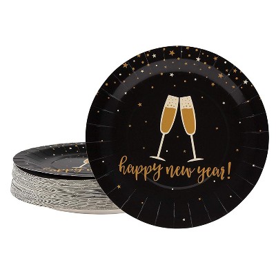 Juvale 80 Pack "Happy New Year" Paper Plates, Black & Gold New Year Party Supplies (9 In)
