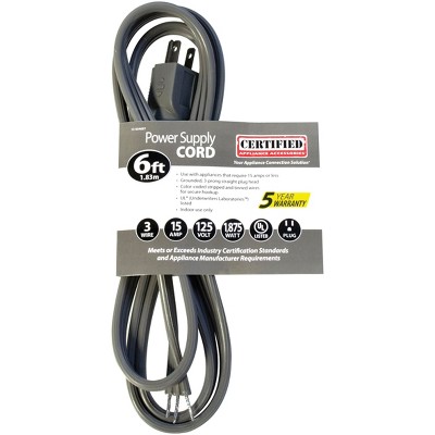 Certified Appliance 15-Amp Gray Straight Plug Power Cord, 6ft