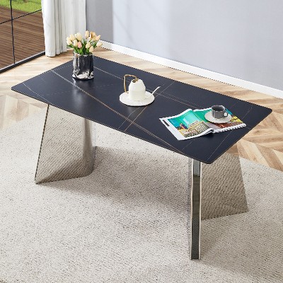 NicBex Modern Slab Dining Table with Stainless Steel Butterfly Legs, Rectangle Dining Table for 6, Scratch-Resistant Kitchen Table