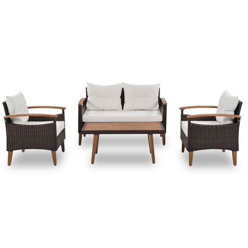 4-Piece PE Rattan Patio Conversation Sets with High Quality Acacia Wood Table, Armrests and Legs, Free Desktop Cover - Maison Boucle, 3 of 8