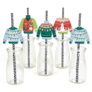 Big Dot of Happiness Colorful Christmas Sweaters - Paper Straw Decor - Ugly Sweater Holiday Party Striped Decorative Straws - Set of 24 - 1 of 4