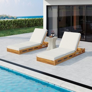 Acacia Wood Chaise Lounge Outdoor with Cushion, 4 Position Adjustable Chaise Lounge Chair Set, Solid Wood Chaise Lounge with Foldable Cushion-Koiai - 1 of 4