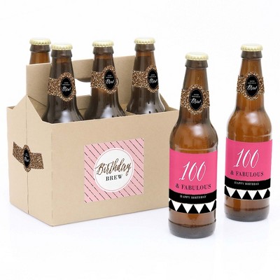 Big Dot of Happiness Chic 100th Birthday - Pink, Black and Gold - Birthday Party Decorations for Women - 6 Beer Bottle Label Stickers and 1 Carrier