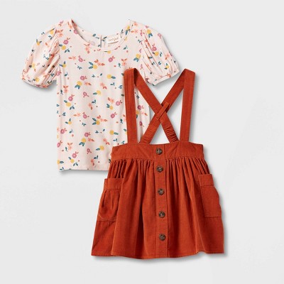 Toddler Girls' Short Sleeve Floral Top & Corduroy Skirtall Set - Cat & Jack™ Orange