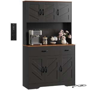 71" Pantry Cabinet with Charging Station, Farmhouse Kitchen Hutch with Drawers & Adjustable Shelves, Black/White - 1 of 4
