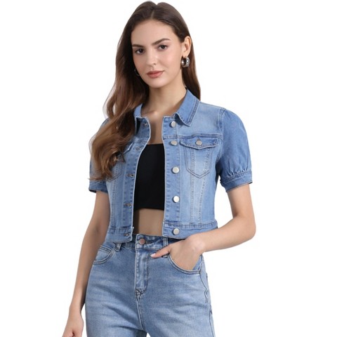 Allegra K Women's Casual Point Collar Button Down Puff Sleeve Cropped Denim Jackets Light Blue X-Large