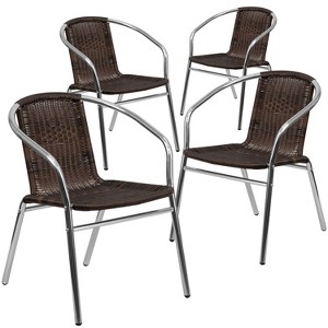 Emma and Oliver 4 Pack Aluminum and Rattan Commercial Indoor-Outdoor Restaurant Stack Chair - 1 of 4