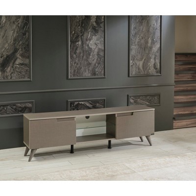 Chic Crate - 66" Mid-Century Media Console - 2 Door Cabinets & Tempered Glass Shelf - TV Stand for 75" TVs - Walnut Brown