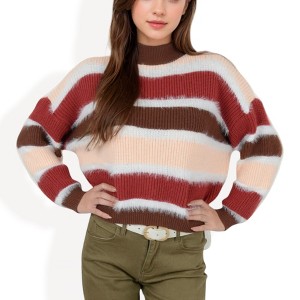 Anna-Kaci Women's Striped Mock Neck Sweater with Color Block Design and Long Sleeves - 1 of 4