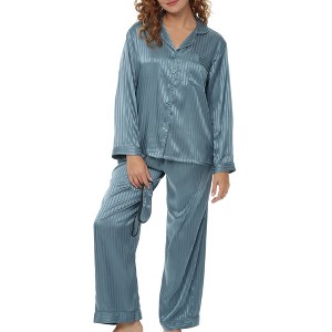 ADR Women's Satin Pajamas Set, Button Down Long Sleeve Top and Pants with Pockets, Silk like PJs with Matching Sleep Mask - 1 of 4
