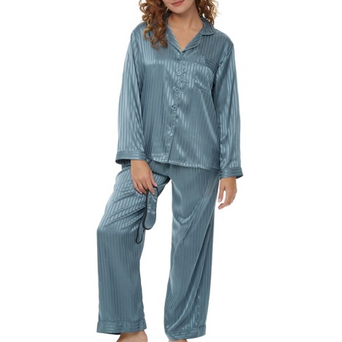 ADR Women's Satin Pajamas Set, Button Down Long Sleeve Top and Matching  Pants with Pockets, Silk like PJs Twilight Chiffon Stripe Large