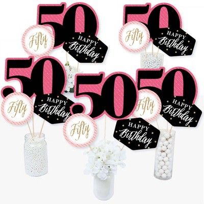 Big Dot of Happiness Chic 50th Birthday - Pink, Black and Gold - Birthday Party Centerpiece Sticks - Table Toppers - Set of 15