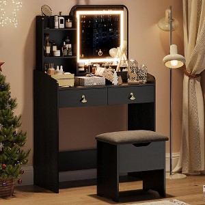 WhizMax Vanity Desk with LED Light Mirror and Charging Station, Small Makeup Vanities with Storage Stool for Girls Women, Vanity Table for Bedroom - 1 of 4