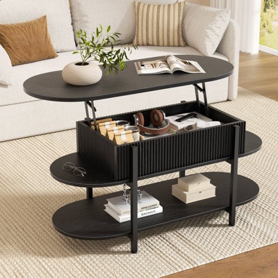 WOWLIVE 41.7" Oval Lift Top Coffee Table with Hidden Compartment, 3 Tier Small Tables with Storage Shelf for Living Room