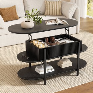 WOWLIVE 41.7" Oval Lift Top Coffee Table with Hidden Compartment, 3 Tier Fluted Wood Center Tables with Storage Shelf for Living Room - 1 of 4