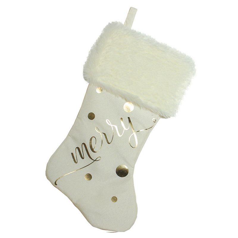 Northlight 19" Ivory White Gold Foil "Merry" Christmas Stocking with White Faux Fur Cuff, 1 of 3