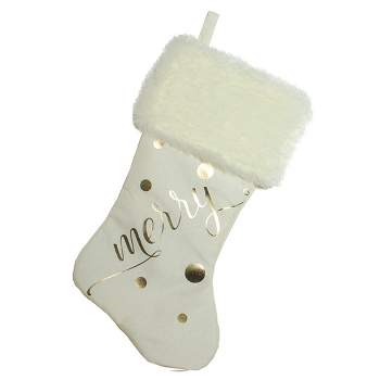 Northlight 19" Ivory White Gold Foil "Merry" Christmas Stocking with White Faux Fur Cuff