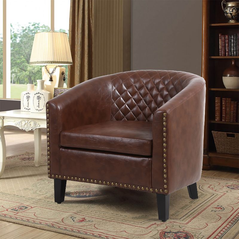 Modern Accent Barrel Chair with Nail Heads and Solid Wood Legs - ModernLuxe, 3 of 11