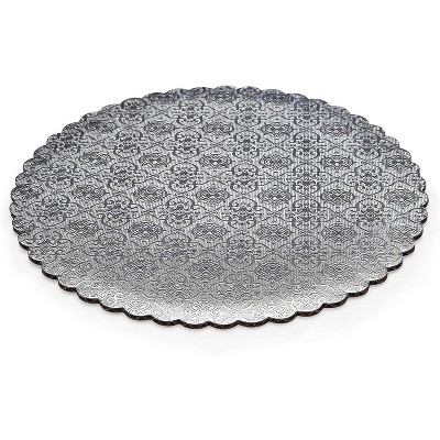 W PACKAGING WPSCC10 10" Silver Scalloped Edge Cake Circle, C-Flute, Corrugated with Coated Embossed Foil Paper