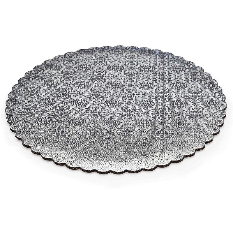 W PACKAGING WPSCC10 10" Silver Scalloped Edge Cake Circle, C-Flute, Corrugated with Coated Embossed Foil Paper, 1 of 3