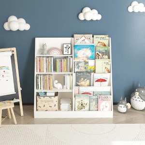 MAYEERTY Multifunctional 4 Tier Wooden Kids Bookshelf with Bookcase Display Stand in Living Room White - 1 of 4