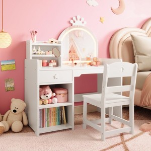 Kids Vanity with Lights, 2-in-1 Princess Makeup Desk & Chair Set, Open Bookshelf, Storage Cabinet & Shelves for Little Girls - 1 of 4