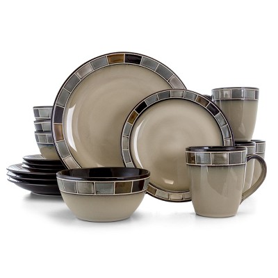 Gibson Elite Matisse Set Stoviglie 16 Pezzi In Gres – Piatti E Ciotole Per 4 Persone, Marrone Grigiastro, Lavastoviglie
