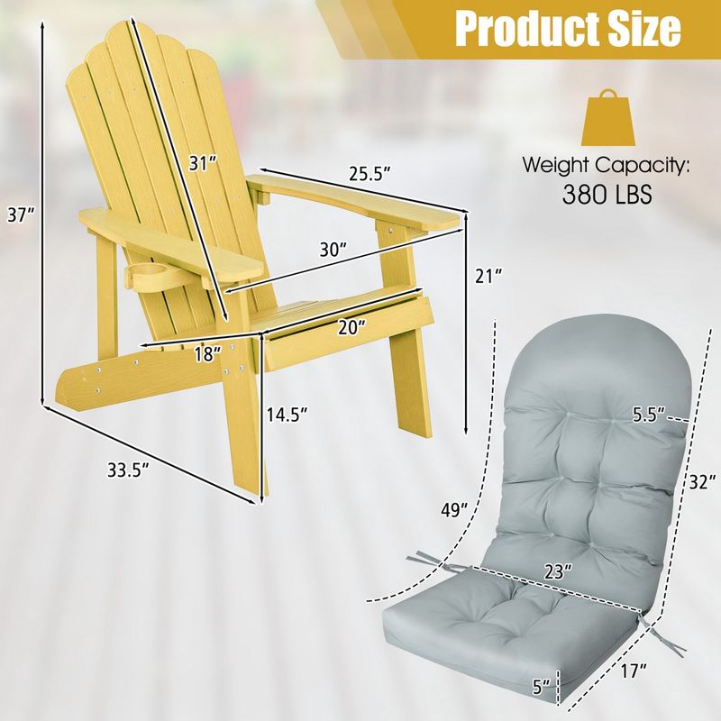 Costway Adirondack Chair HIPS Adirondack Chair with Cup Holder & Cushion Black/Green/Navy/Grey/White/Yellow, 3 of 9