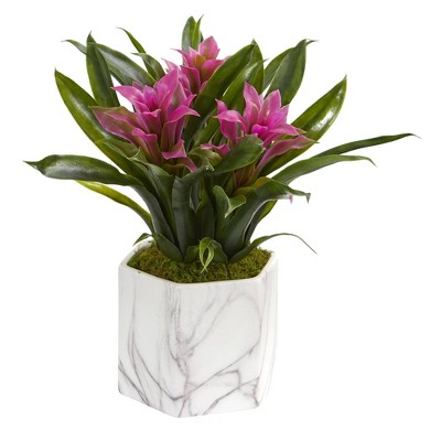 Vibrant Bromeliad Artificial Arrangement in Marble Vase