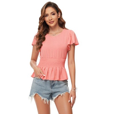 Whizmax Women Summer Pleated Crewneck Blouses Ruffle Short Sleeve Shirts Tops