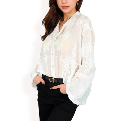 Anna-Kaci Women's Embroidered Sheer Blouse with Scalloped Hem and Button-Up Design- White,One Size Fits Most