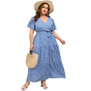 BLUEMING Summer Maxi Dress for Plus Size Women Tie Wasit Surplice Dress Flutter Sleeve A-Line Dress - 1 of 4